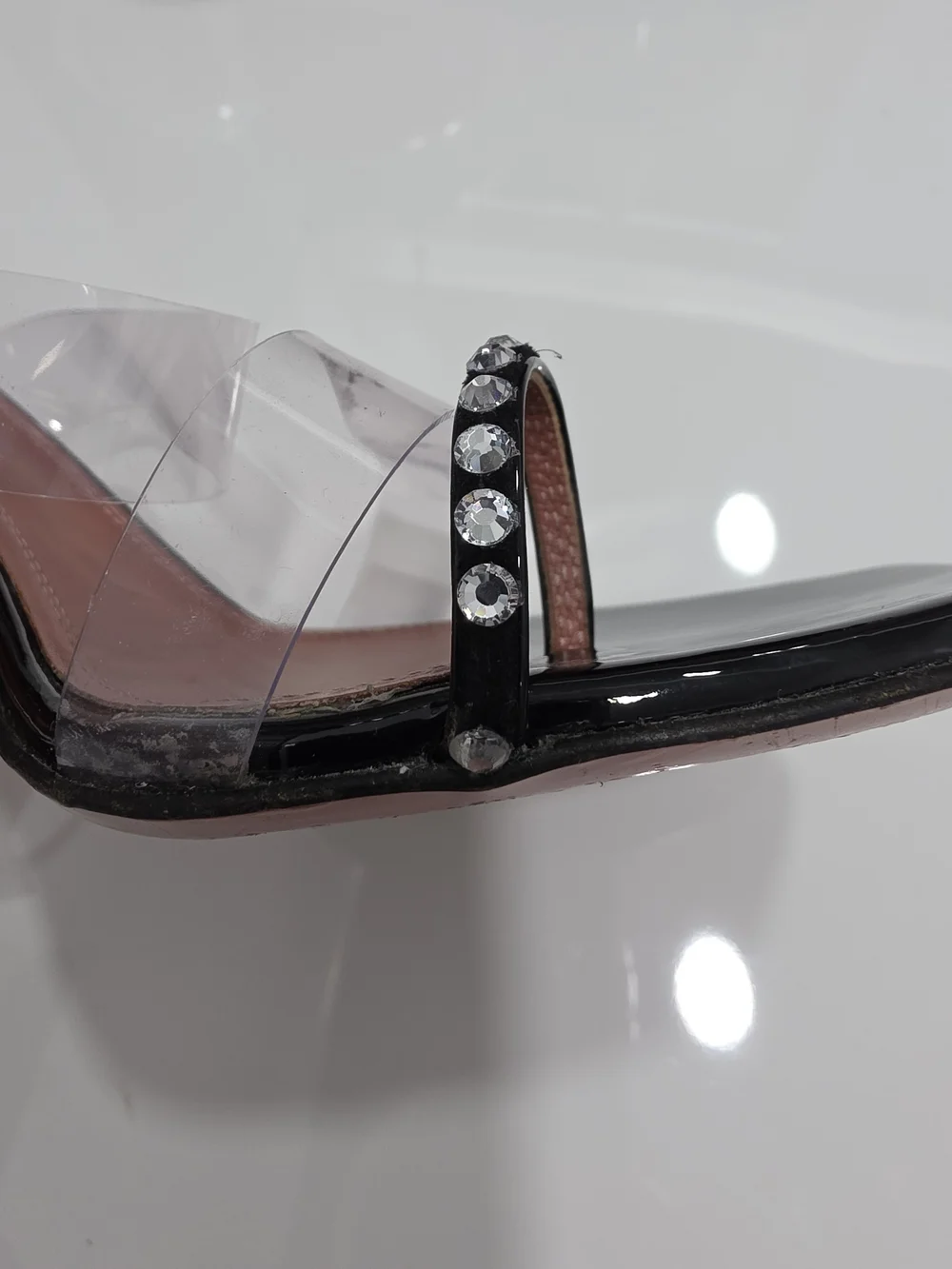 Amina Muaddi Black Patent Slide Heels with Clear Straps and Crystal Trim